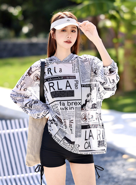 运动分体三件套泳衣女胖mm200斤大码显瘦遮肚长袖度假温泉美式风