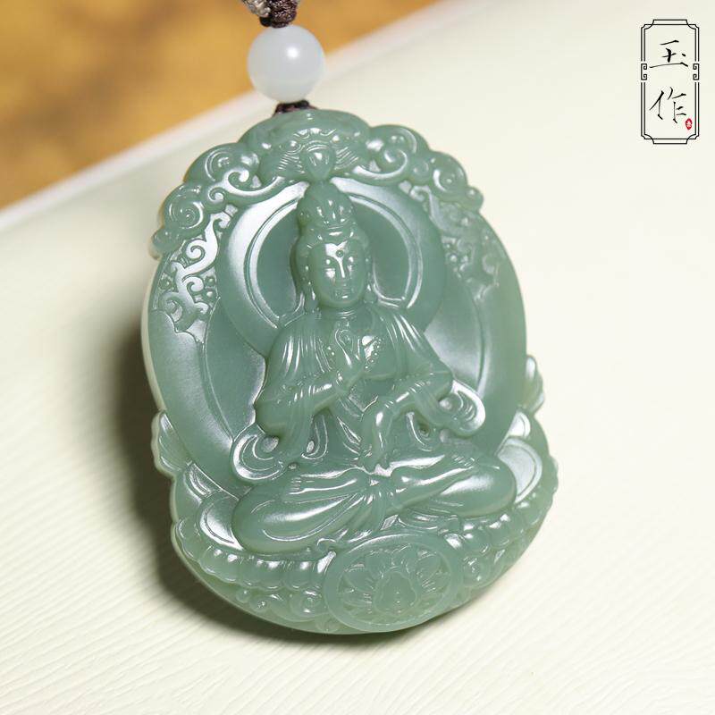 玉奕玉雕工作室39.4克新疆和田玉籽料沙枣青丝绢状纹理玉观音牌