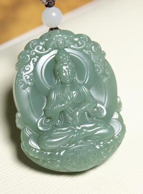 玉奕玉雕工作室39.4克新疆和田玉籽料沙枣青丝绢状纹理玉观音牌