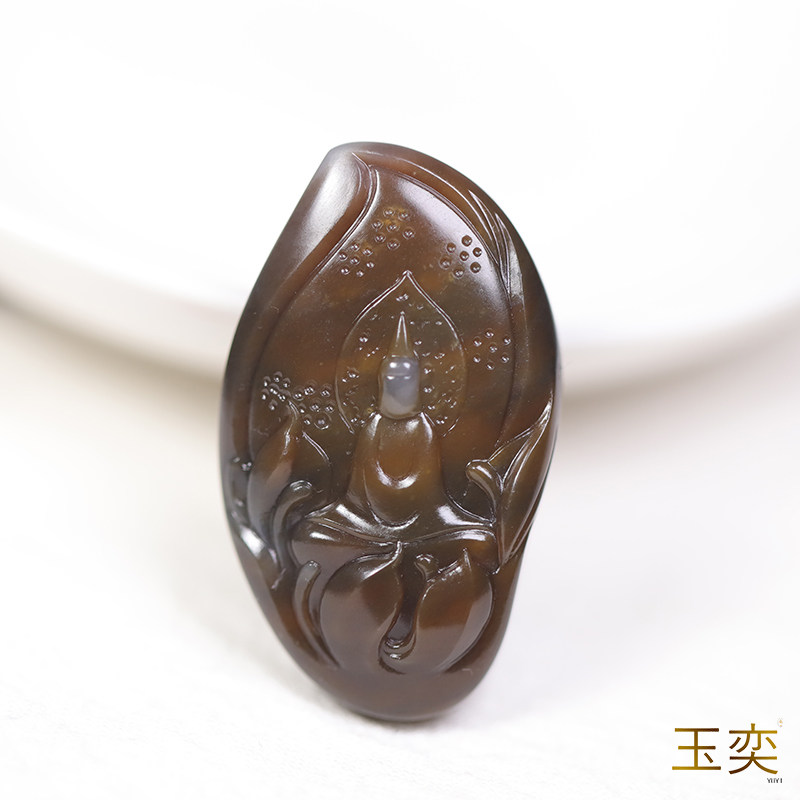 新疆和田玉籽料特色青花三色糖青花无相观音荷花挂件