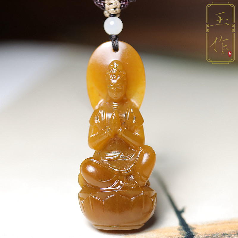 玉奕玉雕工作室10克新疆和田玉籽料黄沁守护玉观音沁玉观音菩萨
