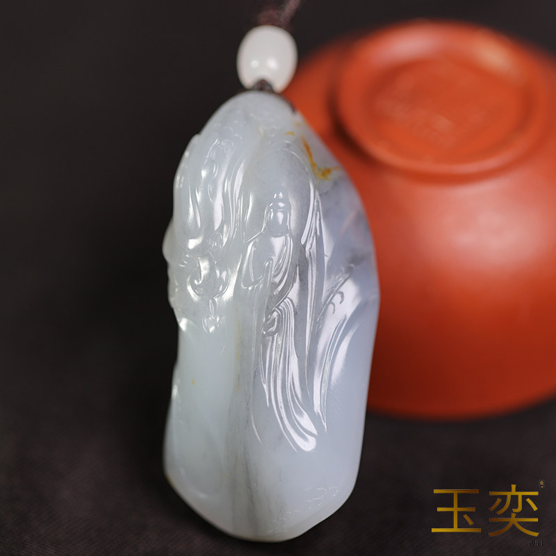 玉奕新疆和田玉籽料32克苏工独籽青花特色玉龙观音挂件手把件玉坠