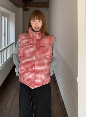 1ess la mode女格纹刺绣格子棉服马甲坎肩保暖背心外套秋冬装外搭