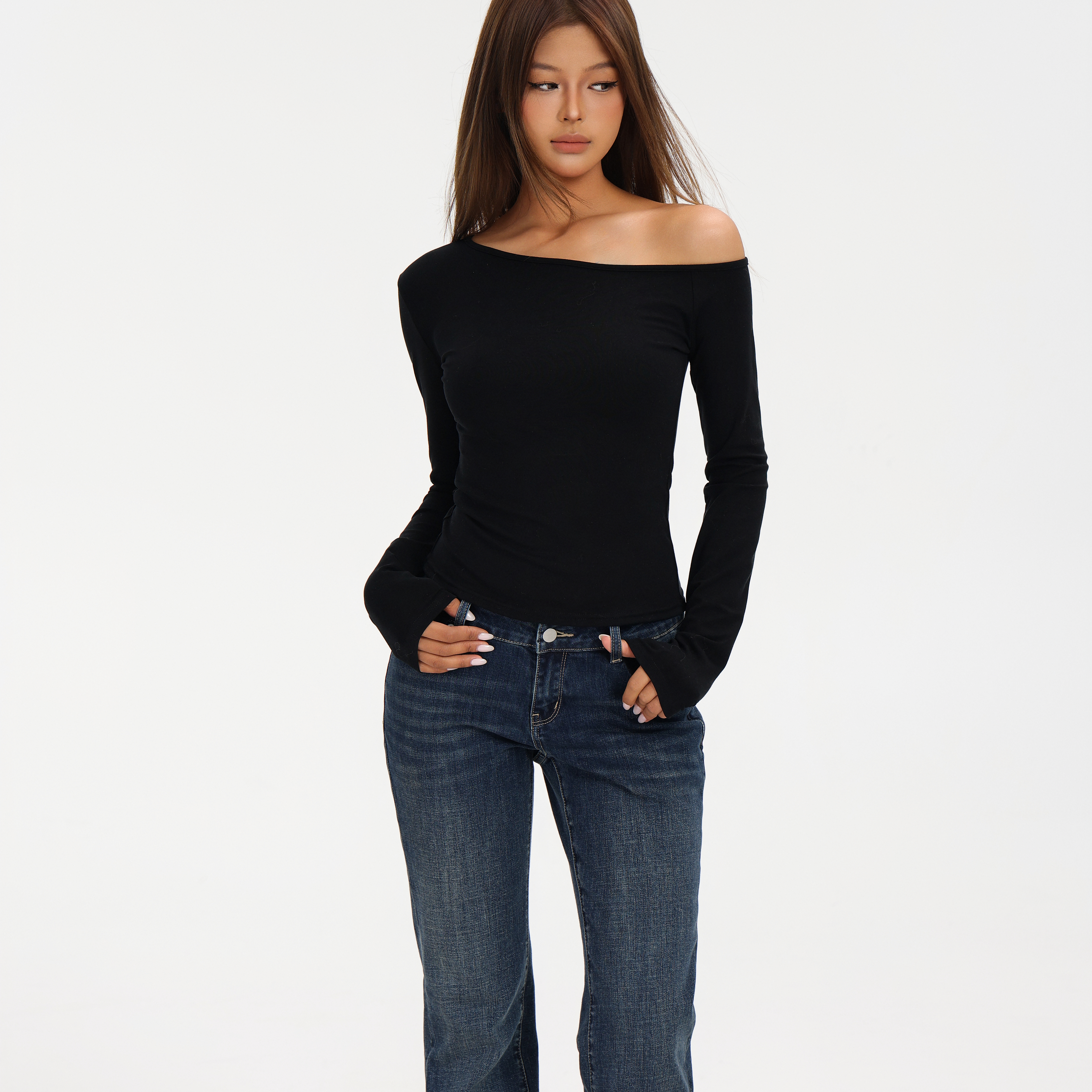 1ess la mode斜肩T恤黑色长袖女秋季修身显瘦打底美式辣妹上衣