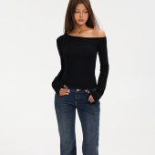 显瘦打底美式 1ess 辣妹上衣 女秋季 修身 mode斜肩T恤黑色长袖