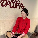 1ess la mode假两件红色毛衣撞色格纹针织开衫外套百搭设计感毛衣