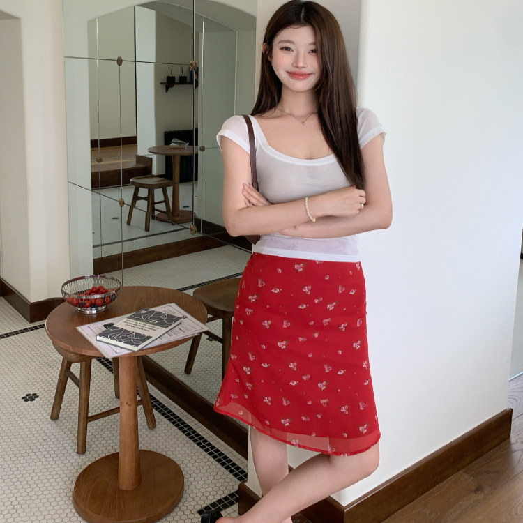 1ess la mode紅色碎花半身裙魚尾長裙韓系度假風純欲風2025夏女