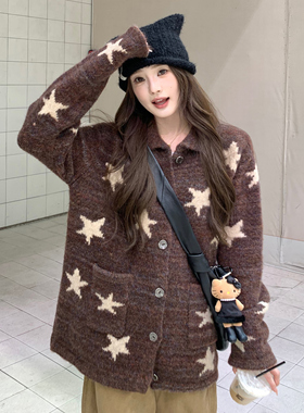 1ess la mode韩系翻领星星印花针织开衫女秋季慵懒宽松毛衣外套
