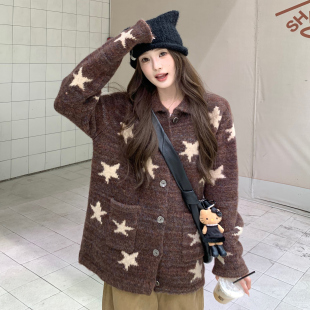 女秋季 mode韩系翻领星星印花针织开衫 慵懒宽松毛衣外套 1ess