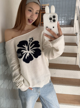 1ess la mode斜肩毛衣25早秋新款女装时尚休闲花卉印花宽松上衣