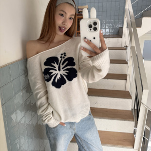 时尚 1ess 女装 mode斜肩毛衣25早秋新款 休闲花卉印花宽松上衣