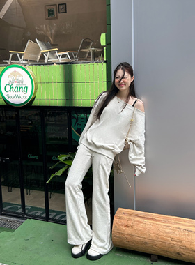 1ess la mode露肩斜肩卫衣一字肩半身裙长裤休闲套装露思同款