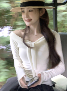 1ess la mode 25早秋新款韩系一字肩领口绑带设计感长袖T恤