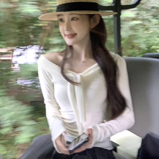 韩系一字肩领口绑带设计感长袖 1ess 25早秋新款 mode T恤