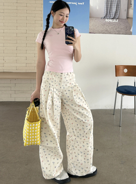 1ess la mode慵懒松弛感蝴蝶结碎花休闲裤25新廓形直筒阔腿裤夏