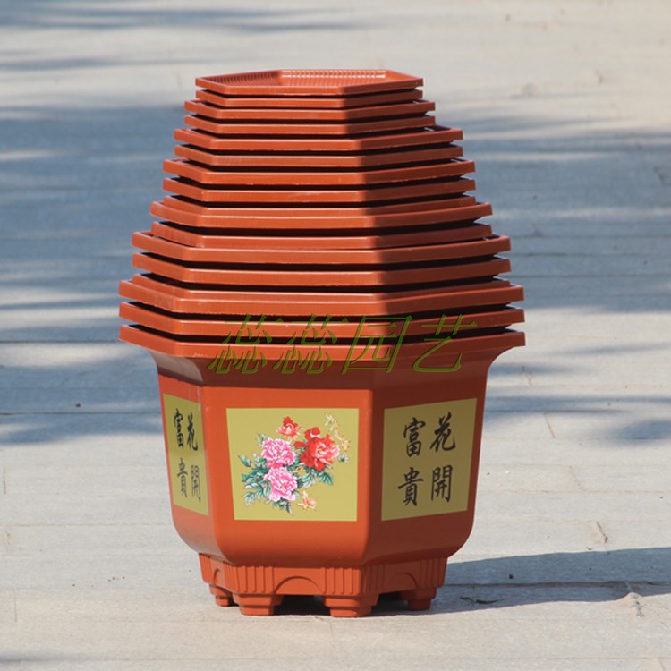 六角印花盆塑料中国风尺寸全漂亮