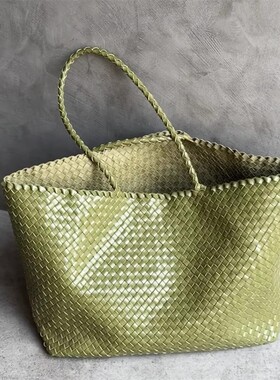 牛油果绿编织手提包单肩女包托特包两用夏日配裙子度假旅游仙女包