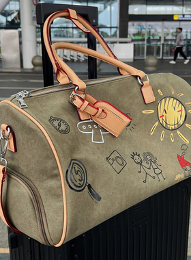 手绘涂鸦波士顿大包短途旅行军绿色单肩斜挎包女帅气出差健身包潮