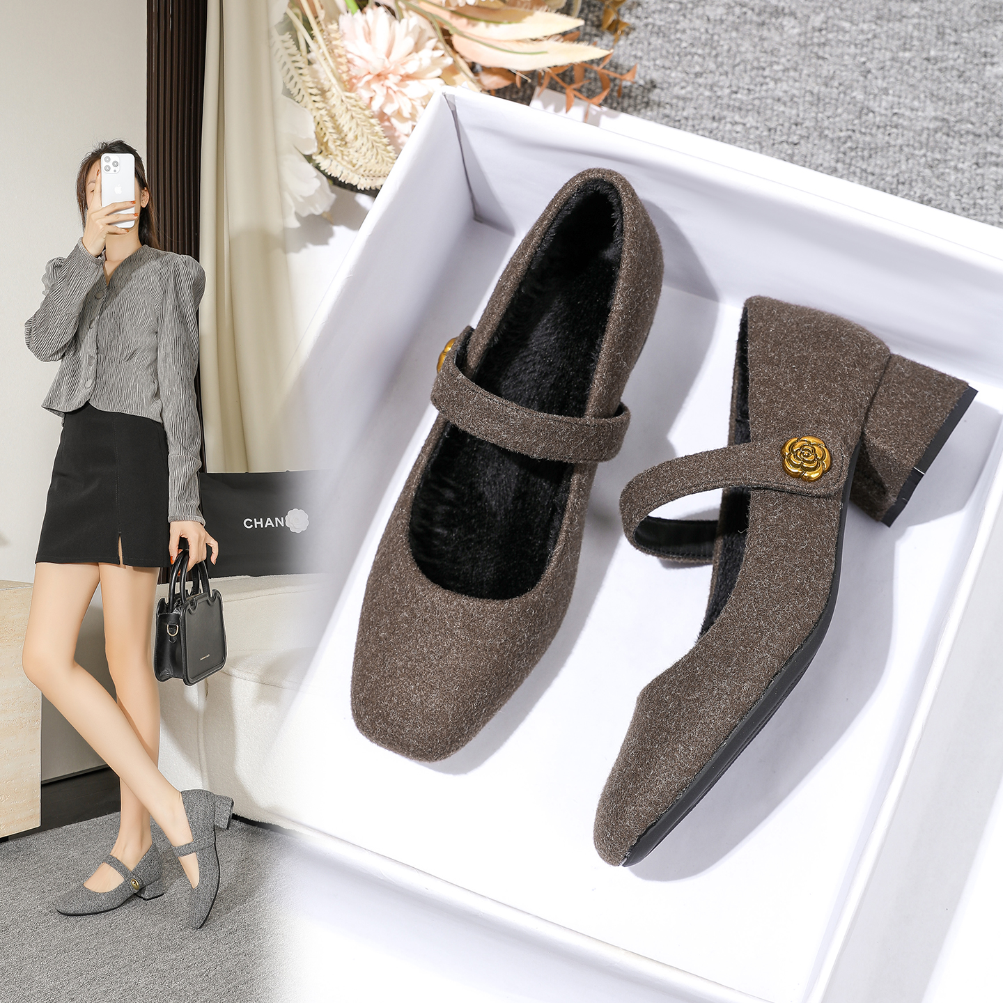 秋冬新款加绒毛毛鞋玛丽珍女单鞋