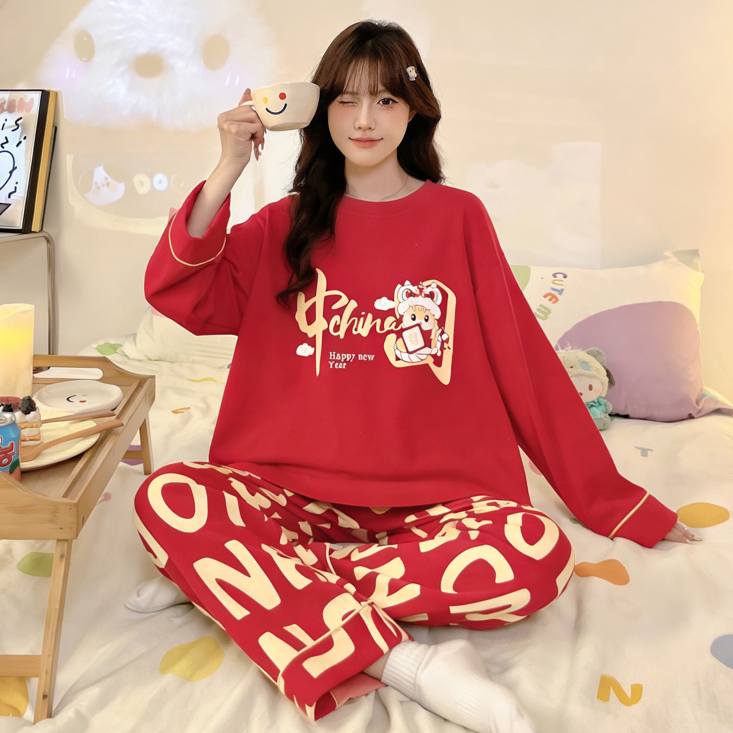 【南润】春季纯棉喜庆大红圆领长袖长裤睡衣女士套装家居服,女士内衣/男士内衣/家居服,睡衣/家居服套装,淘宝优惠券,粉丝福利购,淘宝优惠卷