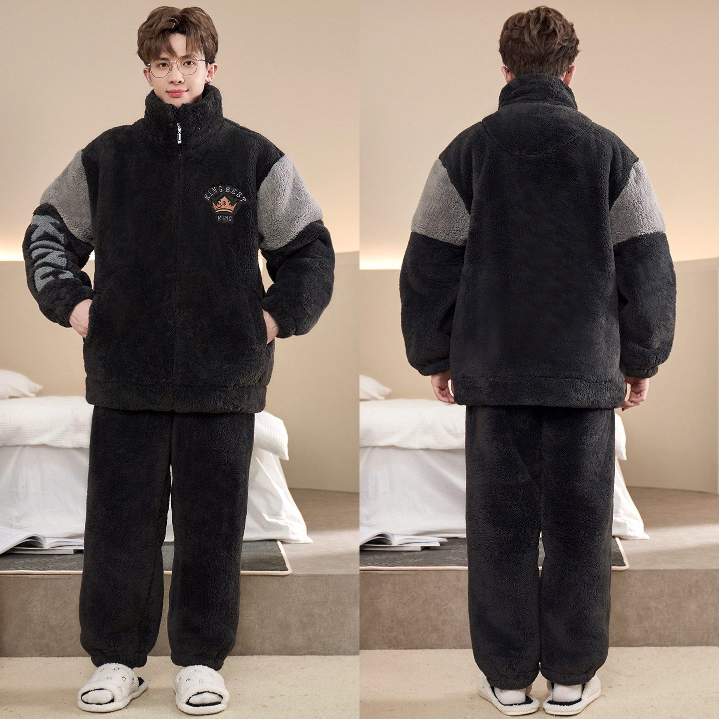 加肥加大码280斤拉链卡通睡衣男冬加厚珊瑚绒冬季学生家居服套装