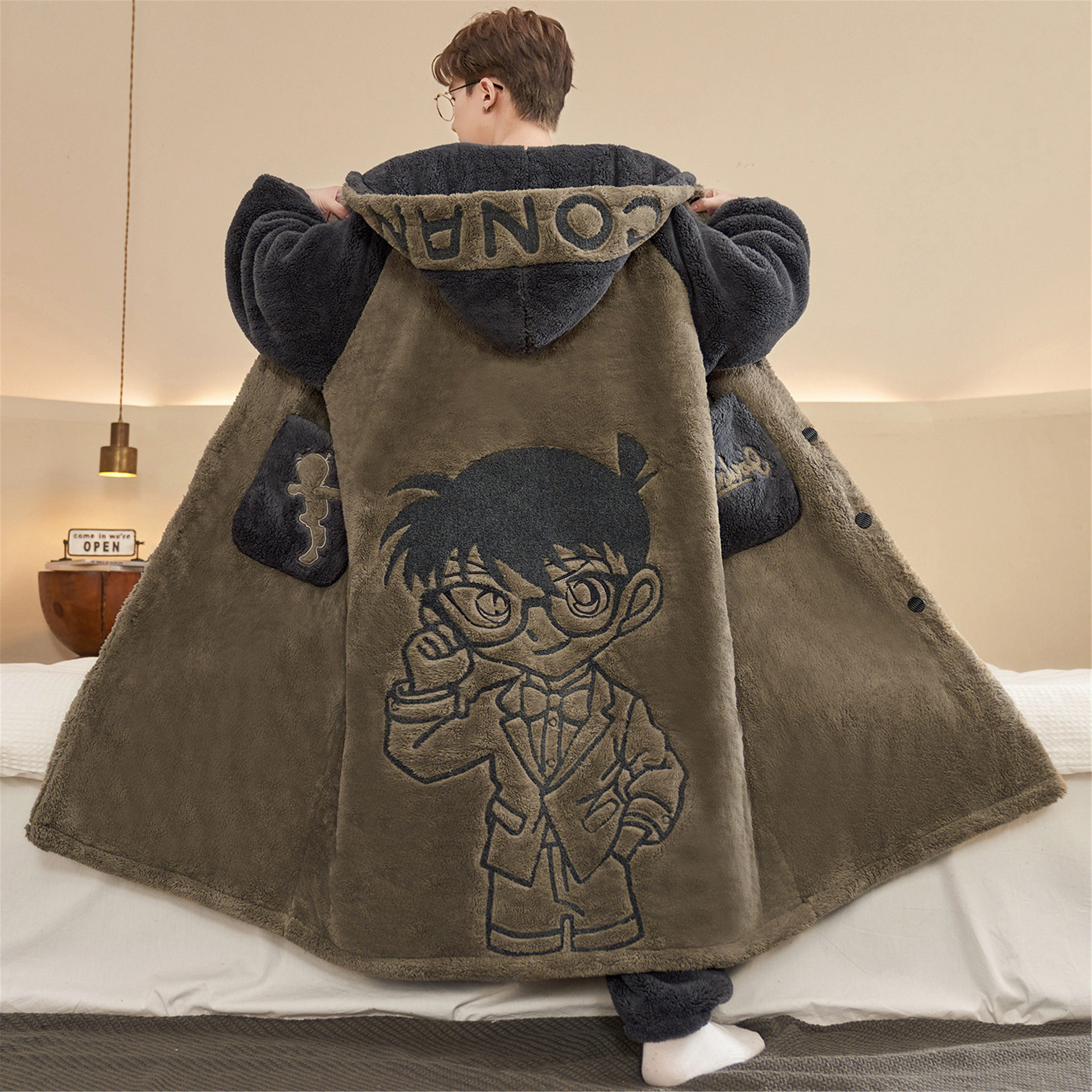 男睡袍套带裤子睡衣冬季加厚加绒珊瑚绒秋冬男士法兰绒家居服套装