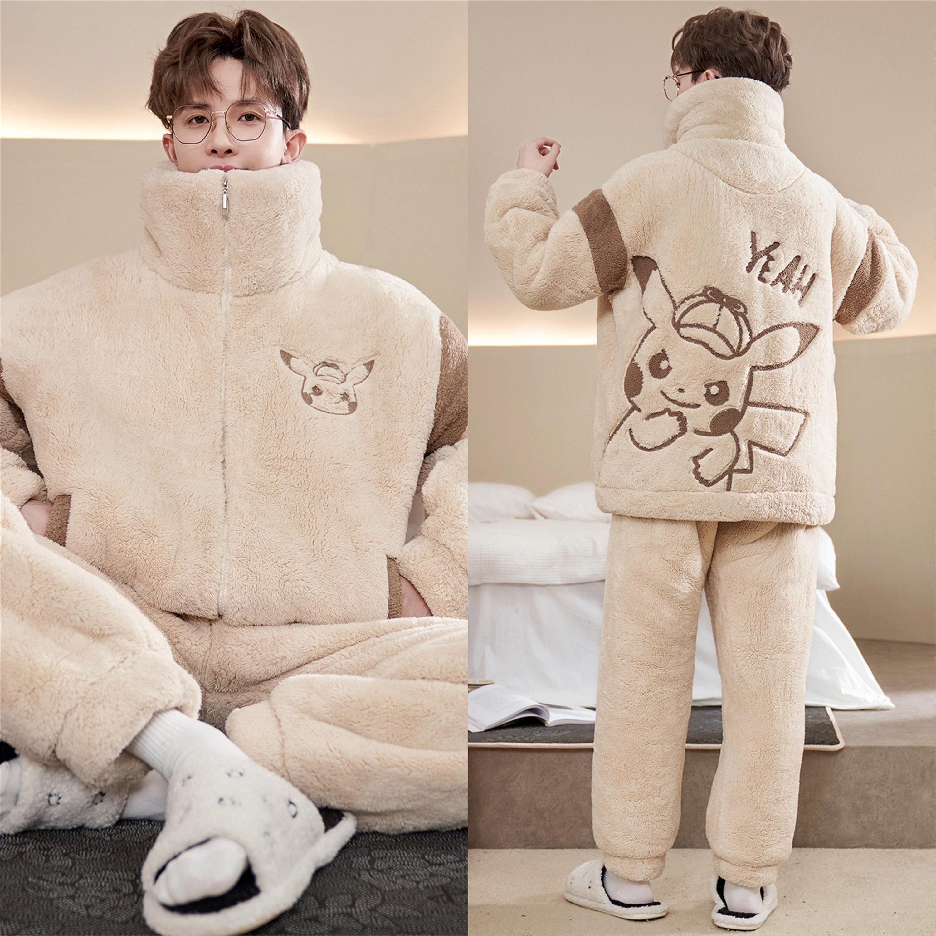 睡衣男秋冬季款珊瑚绒加厚保暖拉链法兰绒可外穿套装加肥加大省服