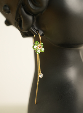 清新浪漫绿色花朵流苏彩钻长款耳夹耳钉