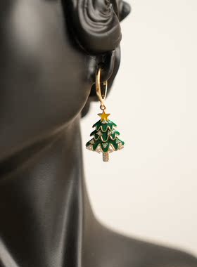 墨绿色圣诞树镶钻闪耀精致气质个性百搭耳环耳钉耳夹