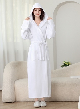 浴袍女款纯棉吸水四季通用连帽白色全棉睡衣春秋款加长款男士睡袍