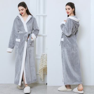 睡袍女加长款连帽秋冬珊瑚绒浴袍