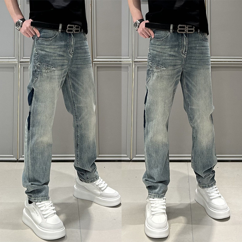 秋季新款美式高街印花拼色宽松直筒牛仔裤男士潮流百搭休闲阔腿裤