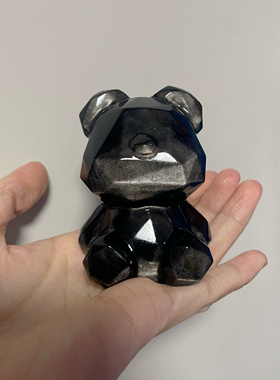 天然银曜石钻石熊摆件手把件包包挂件萌宠摆件黑曜石潮玩手办