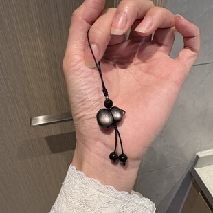 天然银耀石奶瓶葫芦挂件黑耀石水晶饰品挂件钥匙扣手机链挂坠