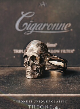 THEONE罕见古藤孤品德国纯手工纯银暗黑军风骷髅头骨戒指绅士指环