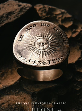 THEONE罕见古董孤品欧洲纯手工雕刻纯银太阳神纹章戒指绅士指环