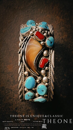 THEONE罕见孤品古董美国印第安原住民手工纯银镶松石珊瑚手镯复古