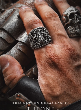 THEONE罕见古董孤品美国纯手工纯银黑骑士鸢尾花戒指暗黑绅士指环