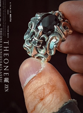 THEONE罕见古董孤品日本手工纯银鸢尾花黑玛咖戒指暗黑哥特骑士风
