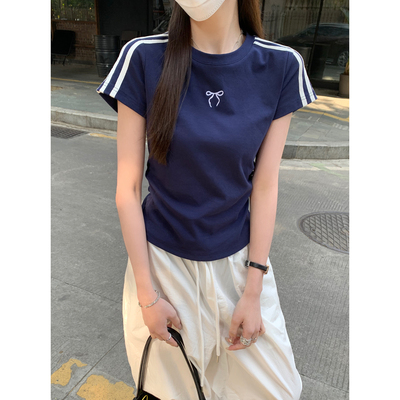 夏季韩版圆领撞色正肩杠条蝴蝶结设计纯棉短袖T恤上衣