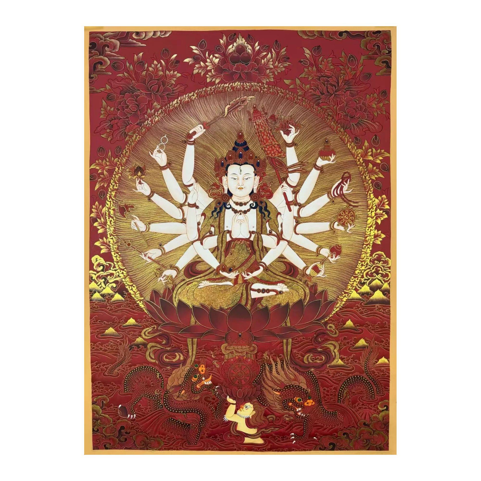 尼泊尔纯手绘唐卡准提佛母菩萨护法财神藏族客厅走廊玄关装饰挂画