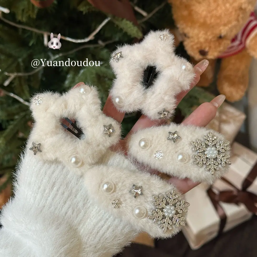 冬日来信~毛绒雪花星星发夹女侧边夹甜美可爱韩系发卡刘海夹ZP