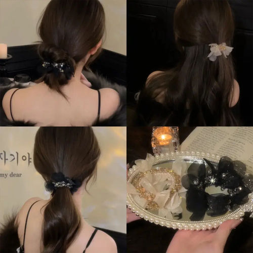 韩国轻奢贵气高级感欧根纱串珠发圈秋冬气质高弹力马尾头绳发饰HZ