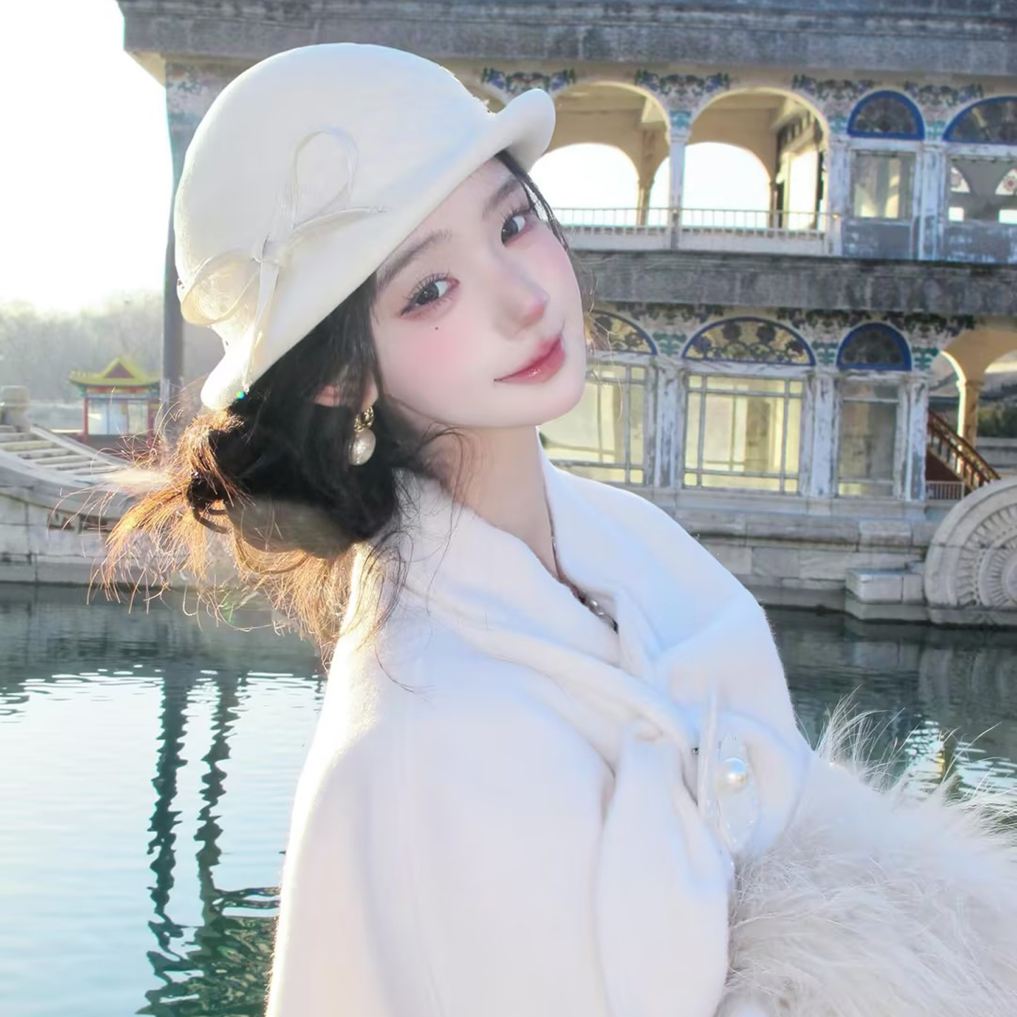 『千金款』100%羊毛蝴蝶结网纱白色礼帽子女秋冬气质名媛渔夫帽潮