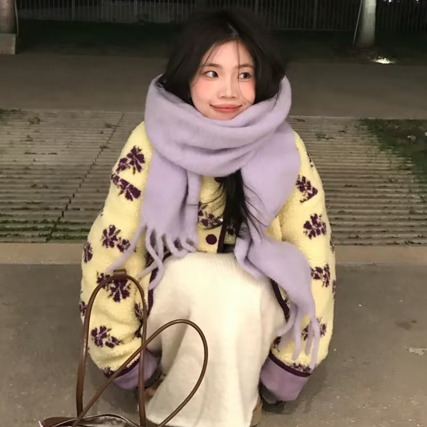 韩系氛围感~含羊毛紫色流苏围巾女2025冬季加厚保暖防寒学生围脖