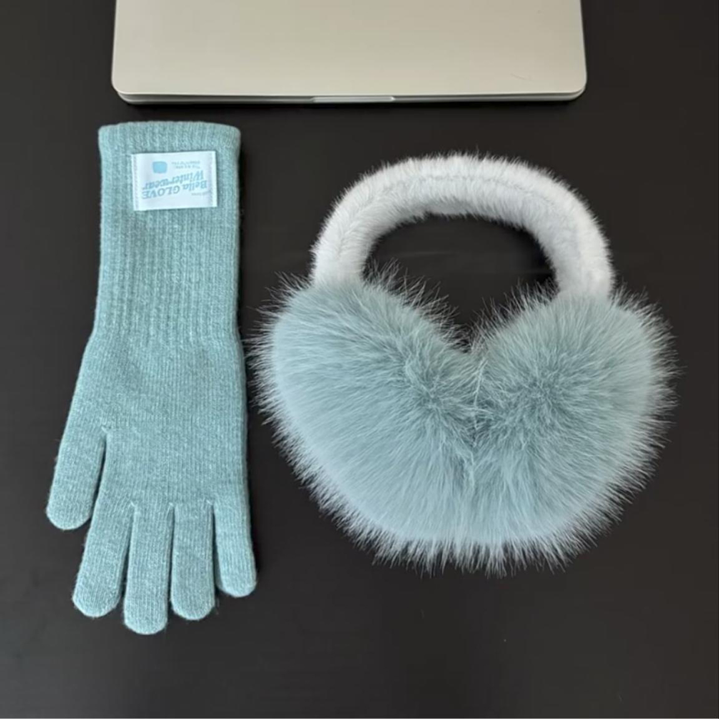 韩系ins风雾霾蓝含羊毛针织手套可触屏女冬保暖防寒骑行护耳耳罩