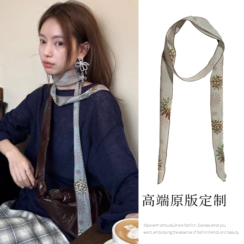 定制款！复古串珠太阳印花长条丝巾女轻奢高级感飘带系脖围巾配饰