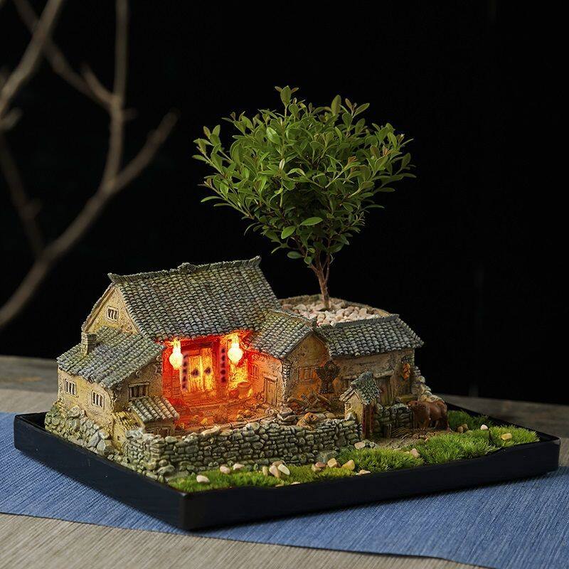 古风老房子模型微缩景观场景古建筑小屋迷你房屋植物小房子摆件