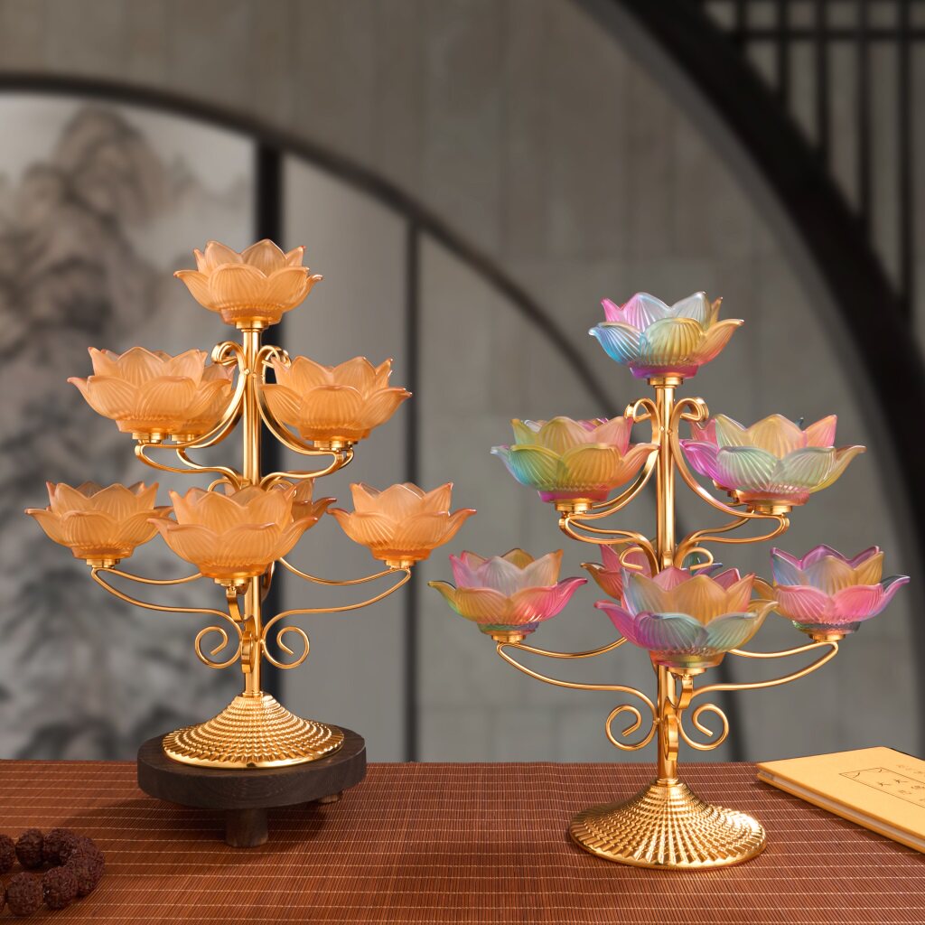 新款七品/九品琉璃烛台摆件 家用酥油灯莲花灯座支架供奉蜡烛台
