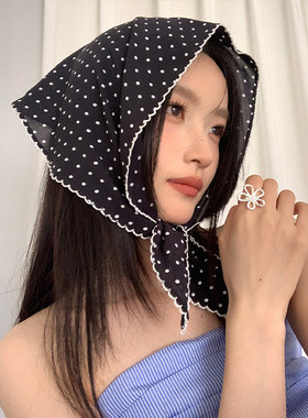 法式波点三角巾女复古黑白色装饰丝巾2026春夏季包头巾编发发带